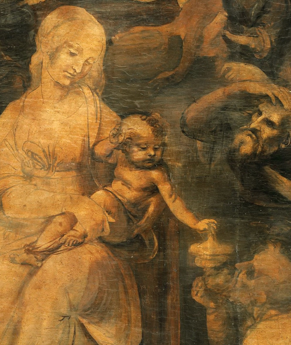 Леонардо да Винчи. Поклонение вохвов. Фрагмент. 1481-1482. Масло, дерево.